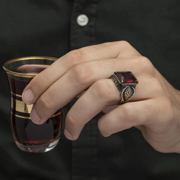 Yaprak Desenli Kırmızı Taşlı 925 Gümüş Erkek Yüzük - Resim 8