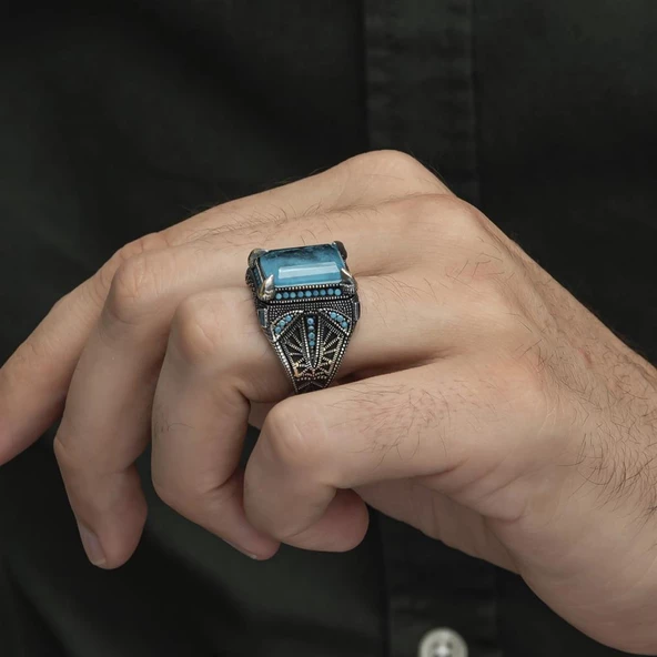 Mavi Paraiba Has Taşlı 925 Gümüş Erkek Yüzük - 6