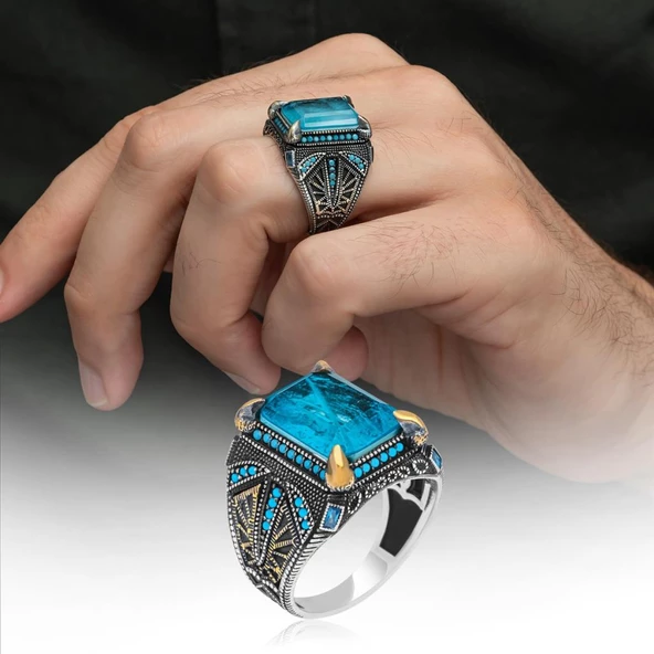 Mavi Paraiba Has Taşlı 925 Gümüş Erkek Yüzük - 9