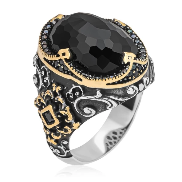Siyah Kubbe Taşlı Hünkar Modeli 925 Gümüş Erkek Yüzük - Resim 2