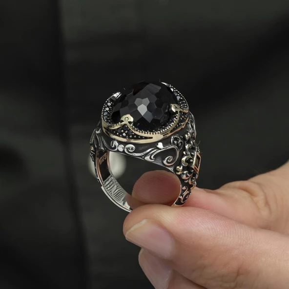 Siyah Kubbe Taşlı Hünkar Modeli 925 Gümüş Erkek Yüzük - Resim 7