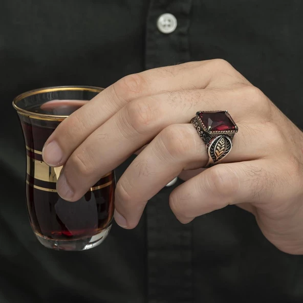 Yaprak Desenli Kırmızı Taşlı 925 Gümüş Erkek Yüzük - Resim 7