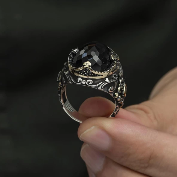 Siyah Kubbe Taşlı Hünkar Modeli 925 Gümüş Erkek Yüzük - Resim 3