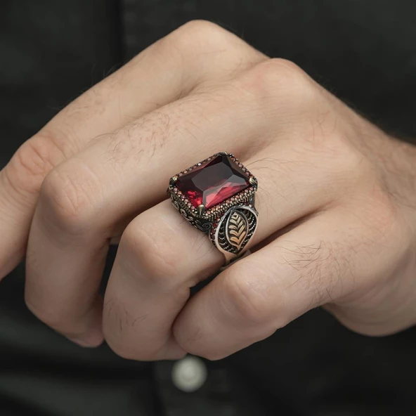Yaprak Desenli Kırmızı Taşlı 925 Gümüş Erkek Yüzük - Resim 4