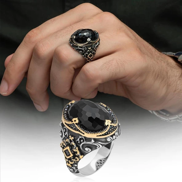 Siyah Kubbe Taşlı Hünkar Modeli 925 Gümüş Erkek Yüzük - Resim 10