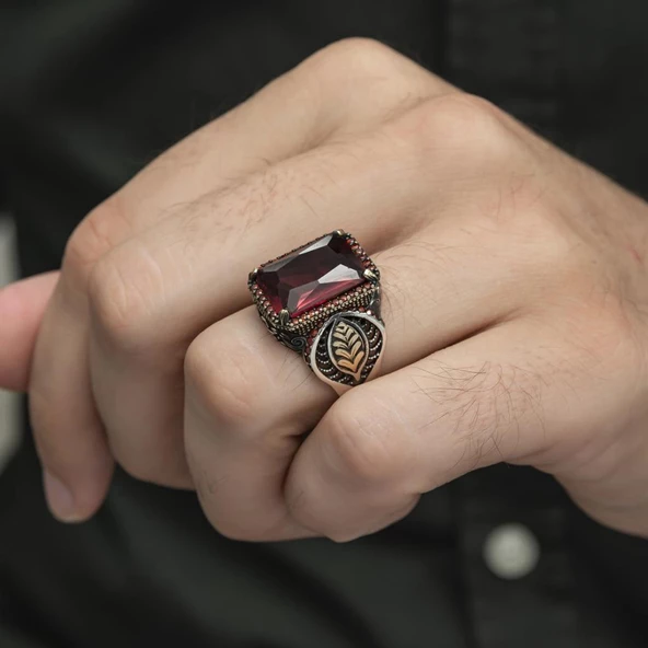 Yaprak Desenli Kırmızı Taşlı 925 Gümüş Erkek Yüzük - Resim 5