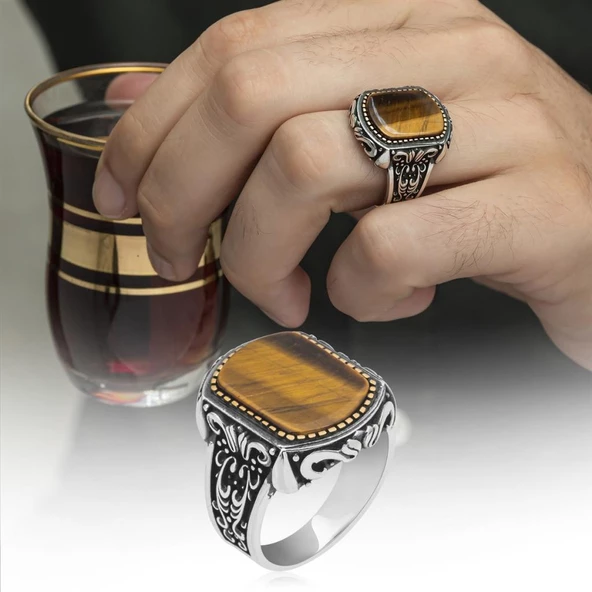 Kaplan Gözü Taşlı 925 Gümüş Erkek Yüzük ürün görseli 1