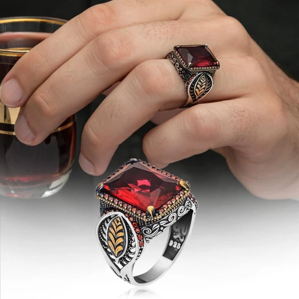 Yaprak Desenli Kırmızı Taşlı 925 Gümüş Erkek Yüzük - Resim 9
