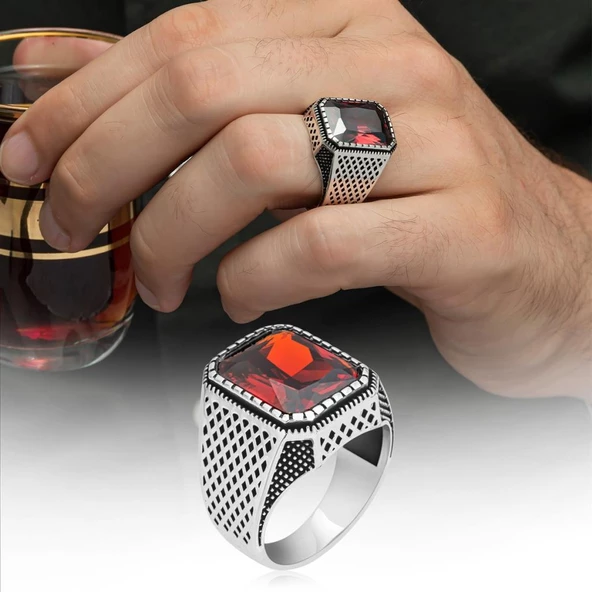 Kare Kırmızı Taşlı 925 Gümüş Erkek Yüzük - 10