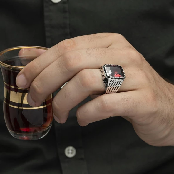Kare Kırmızı Taşlı 925 Gümüş Erkek Yüzük - 9