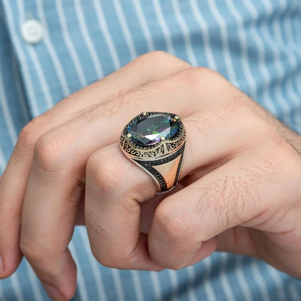 Oval Mistik Topaz Taşlı 925 Gümüş Erkek Yüzük - 8