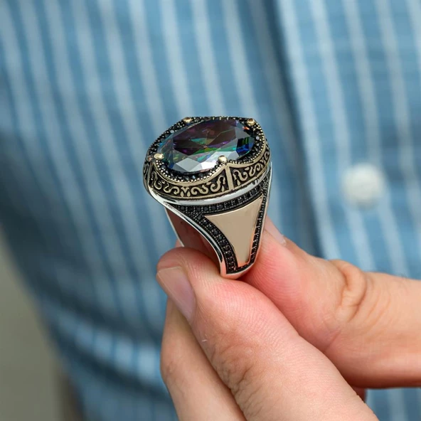 Oval Mistik Topaz Taşlı 925 Gümüş Erkek Yüzük - 6