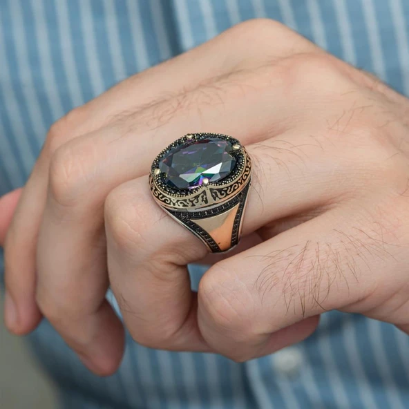 Oval Mistik Topaz Taşlı 925 Gümüş Erkek Yüzük - 11
