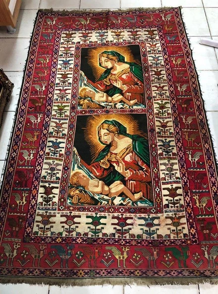 Meryem Ana - İsa Desenli El Dokuma Kilim Halı  114x187 cm - 11