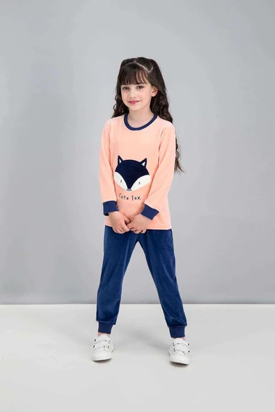 Cute Fox Şeftali Kız Çocuk Kadife Pijama Takımı