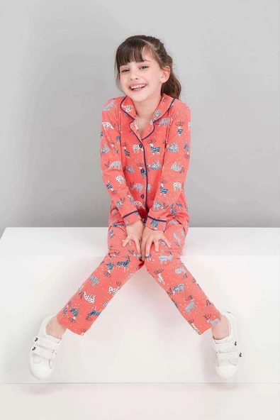 Kız Çocuk  Pembe Gömlek Pijama Takımı
