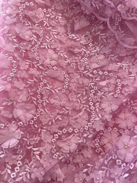 3D Çiçek İşlemeli Dantelli Elbise Kumaşı Mor 130cm x 12m - 5
