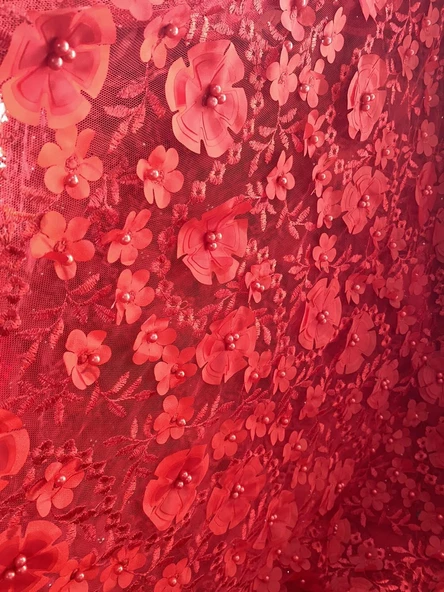 3D Çiçek İşlemeli Dantelli Elbise Kumaşı Kırmızı 130cm x 13m - 2