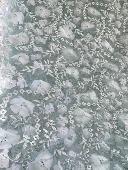 3D Çiçek İşlemeli Dantelli Elbise Kumaşı Yeşil 130cm x 11m - Resim 2