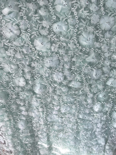 3D Çiçek İşlemeli Dantelli Elbise Kumaşı Yeşil 130cm x 11m - Resim 7