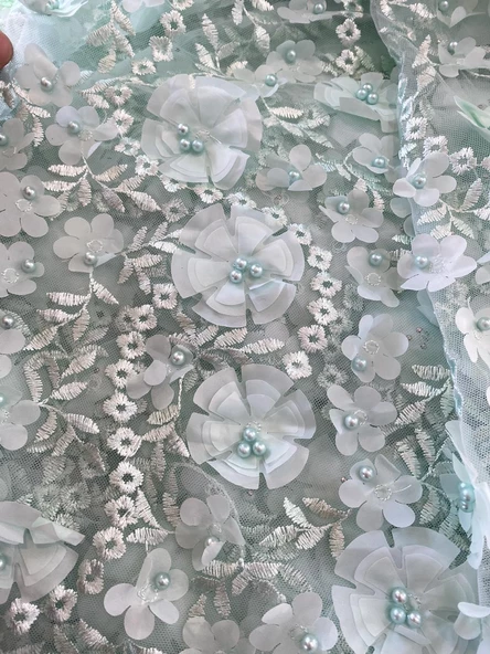 3D Çiçek İşlemeli Dantelli Elbise Kumaşı Yeşil 130cm x 11m - Resim 3