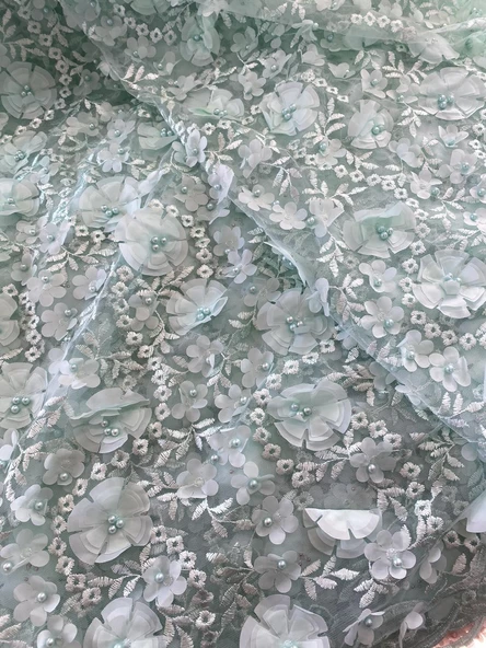 3D Çiçek İşlemeli Dantelli Elbise Kumaşı Yeşil 130cm x 11m - Resim 4