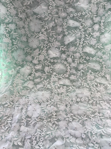 3D Çiçek İşlemeli Dantelli Elbise Kumaşı Yeşil 130cm x 11m - Resim 5