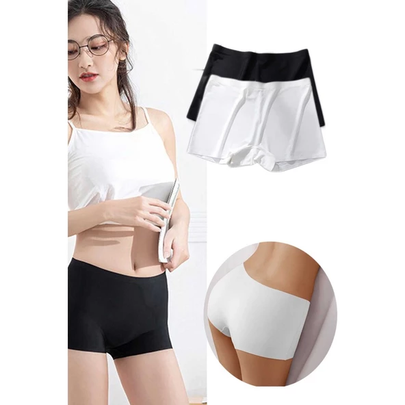 2 Adet Kadın Dikişsiz Görünmez İz Yapmaz Mini Şort Boxer Siyah Beyaz