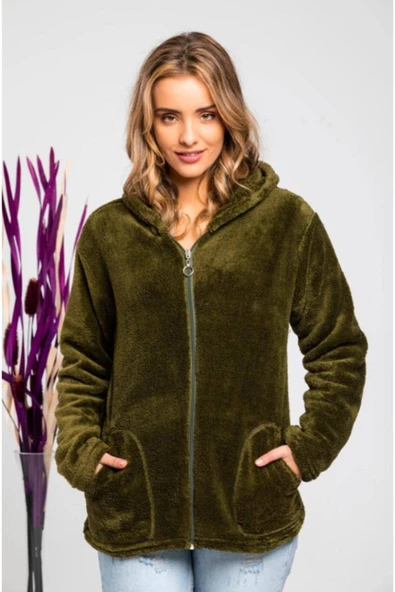 BLUES MODA Yumuşacık Kapşonlu Fermuarlı Peluş Hırka - 2
