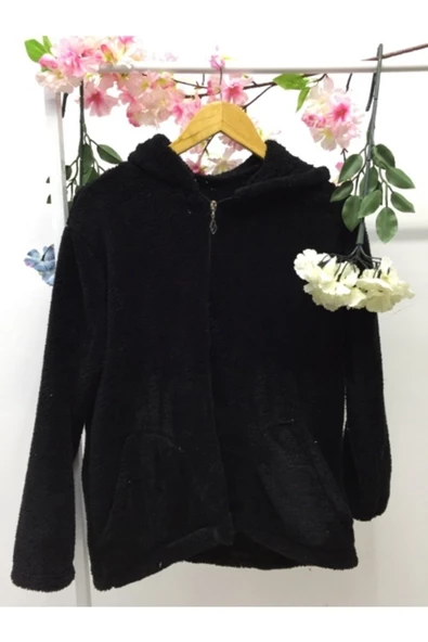 Kadın Siyah Peluş Hırka - 2