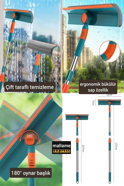 Teleskopik Çift Yönlü Pratik Cam Silme Aparatı 180 Derece Döner Pencere Cam Temizleyici Çekpas - 6