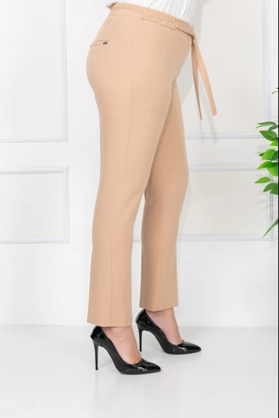 Modatalika Kadın Büyük Beden Lastikli Yüksek Bel Kumaş Pantolon - Resim 6