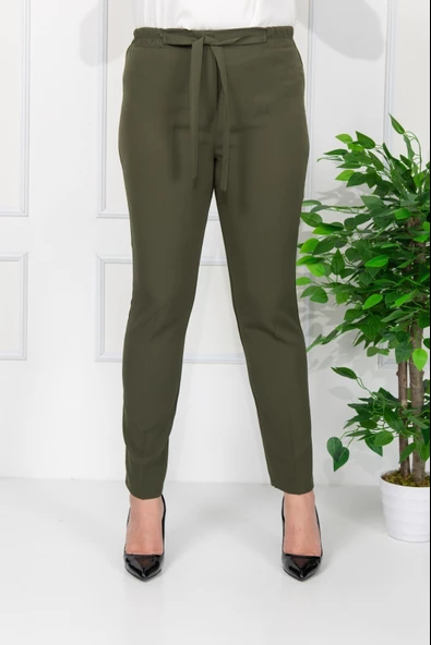 Modatalika Kadın Büyük Beden Lastikli Yüksek Bel Kumaş Pantolon - Resim 9