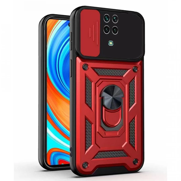 Kızaklı Tank Kılıf Xiaomi Redmi Note 9 Pro  Kırmızı