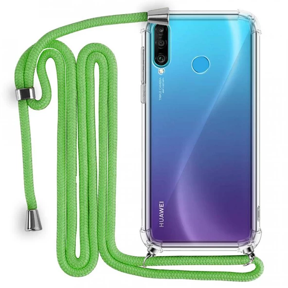 Huawei P30 Lite Boyun Askılı Şeffaf Tank Kılıf Yeşil