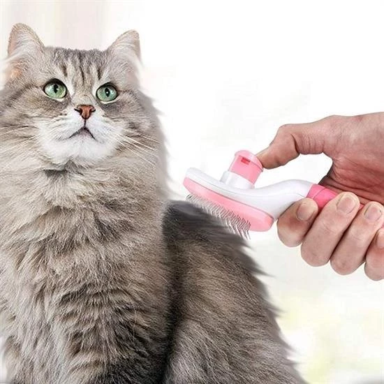 BUFFER® Kedi Köpek Tüy Toplayıcı Kendini Temizleyebilen Ergonomik Saplı Evcil Hayvan Tarağı Pembe - 2