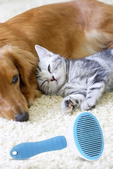 BUFFER® Kedi Köpek Tüy Toplayıcı Kendini Temizleyebilen Ergonomik Saplı Evcil Hayvan Tarağı Mavi - 8