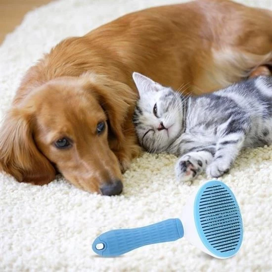 BUFFER® Kedi Köpek Tüy Toplayıcı Kendini Temizleyebilen Ergonomik Saplı Evcil Hayvan Tarağı Mavi - 2