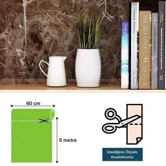 BUFFER® Mermer Desenli Masa Tezgah Mutfak Su Geçirmez Yapışkanlı Folyo Sticker  Kahverengi 5x0,6m - 5
