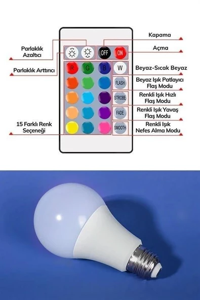 BUFFER® 9w Uzaktan Kumandalı 15 Farklı Renk Seçenekli Led Ampul - 7