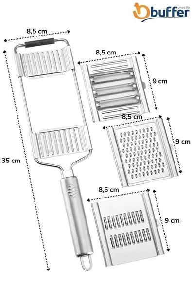 BUFFER® Ayarlanabilir 3 Farklı Başlıklı Tutmalı Sebze Dilimleyici Peynir Rendeleyici Aparat - 9