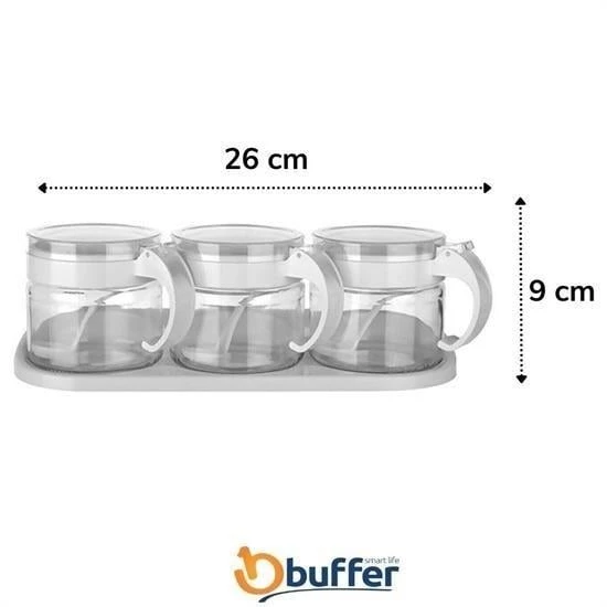 BUFFER®  Beyaz 3lü Standlı Kapaklı Kaşıklı Cam Hava Sızdırmaz Baharatlık Takımı KC-386 - 4