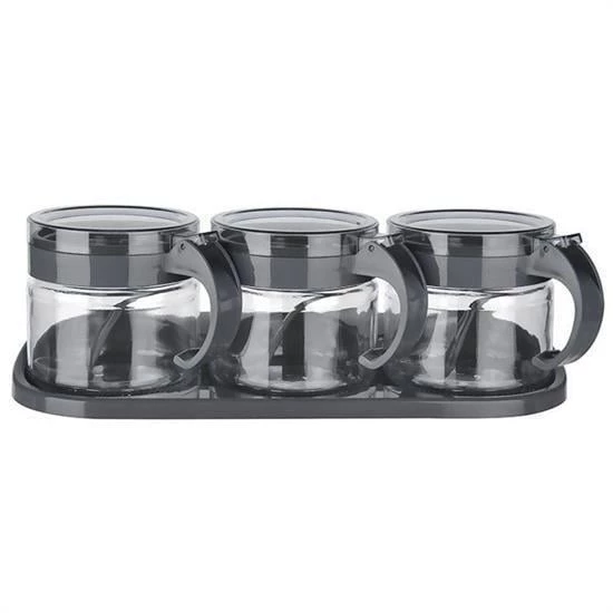 BUFFER®  Gri  3lü Standlı Kapaklı Kaşıklı Cam Hava Sızdırmaz Baharatlık Takımı KC-386 - 2
