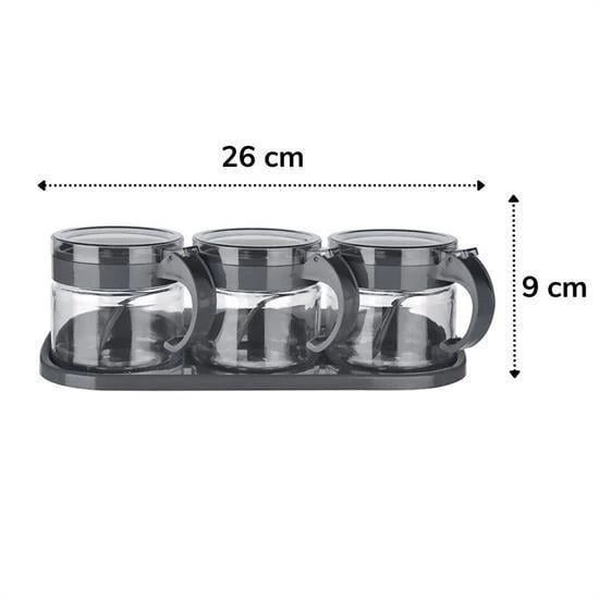BUFFER®  Siyah 3lü Standlı Kapaklı Kaşıklı Cam Hava Sızdırmaz Baharatlık Takımı KC-386 - 9