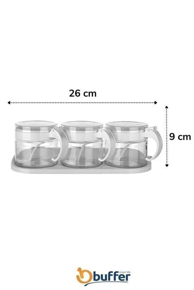 BUFFER®  Beyaz 3lü Standlı Kapaklı Kaşıklı Cam Hava Sızdırmaz Baharatlık Takımı KC-386 - 8