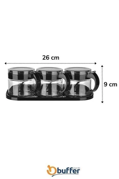BUFFER®  Siyah 3lü Standlı Kapaklı Kaşıklı Cam Hava Sızdırmaz Baharatlık Takımı KC-386 - 8