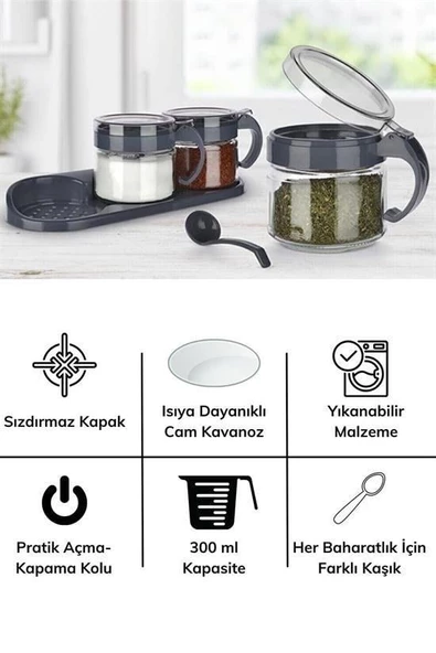 BUFFER®  Gri  3lü Standlı Kapaklı Kaşıklı Cam Hava Sızdırmaz Baharatlık Takımı KC-386 - 7