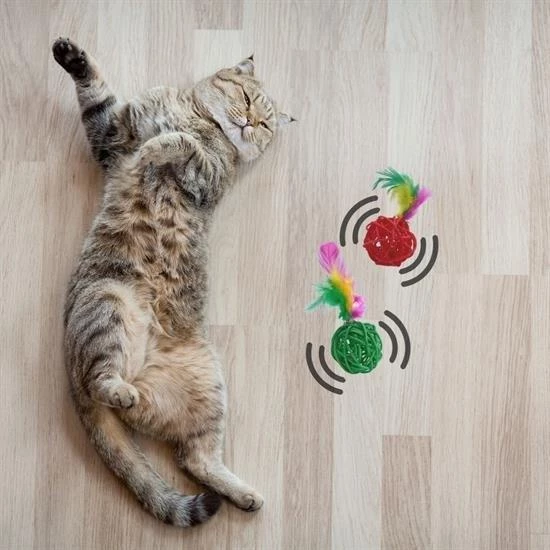 BUFFER® 2li Rattan Renkli Peluş Tüy Kedi Köpek Oyuncak Yakalama Çiğneme Çıngıraklı Top Oyuncağı - 3