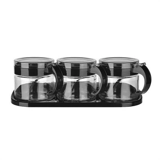 BUFFER®  Siyah 3lü Standlı Kapaklı Kaşıklı Cam Hava Sızdırmaz Baharatlık Takımı KC-386 - 2