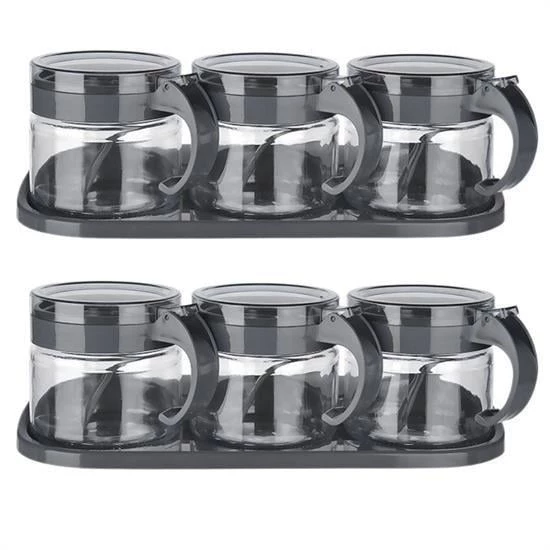 BUFFER®  Gri  3lü Standlı Kapaklı Kaşıklı Cam Hava Sızdırmaz Baharatlık Takımı KC-386 - 10